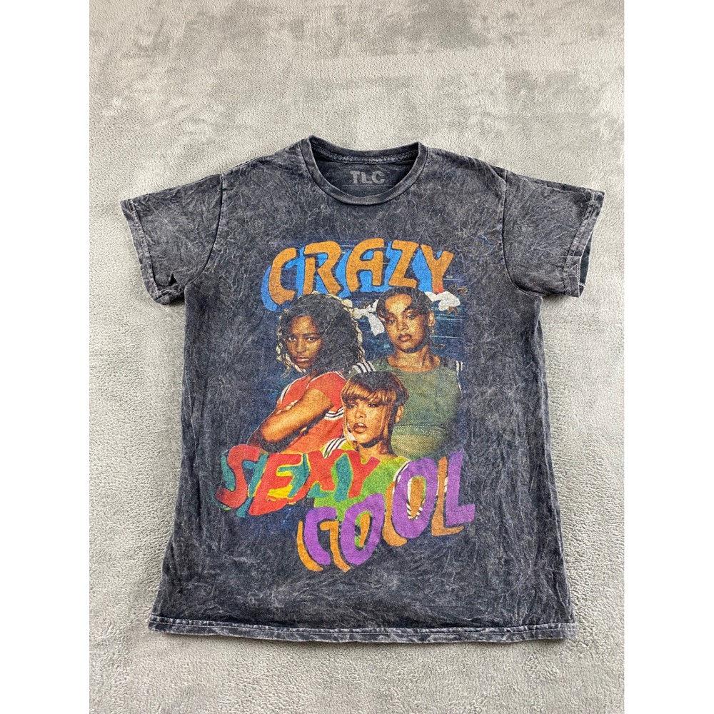 TLC CrazySexyCool Graphic T-Shirt Womens Small Charcoal Grey Acid Wash 90s R&B